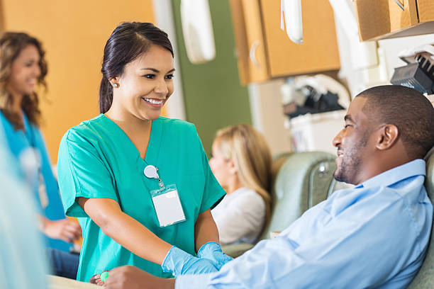 male patient being treated by female nurse and female patient being treated by a female doctor